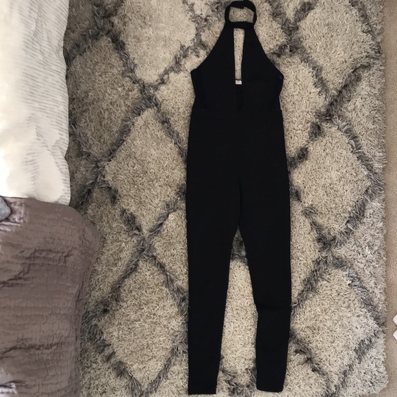 Black Halter Jumpsuit with Sheer Details - Picture 2 of 9